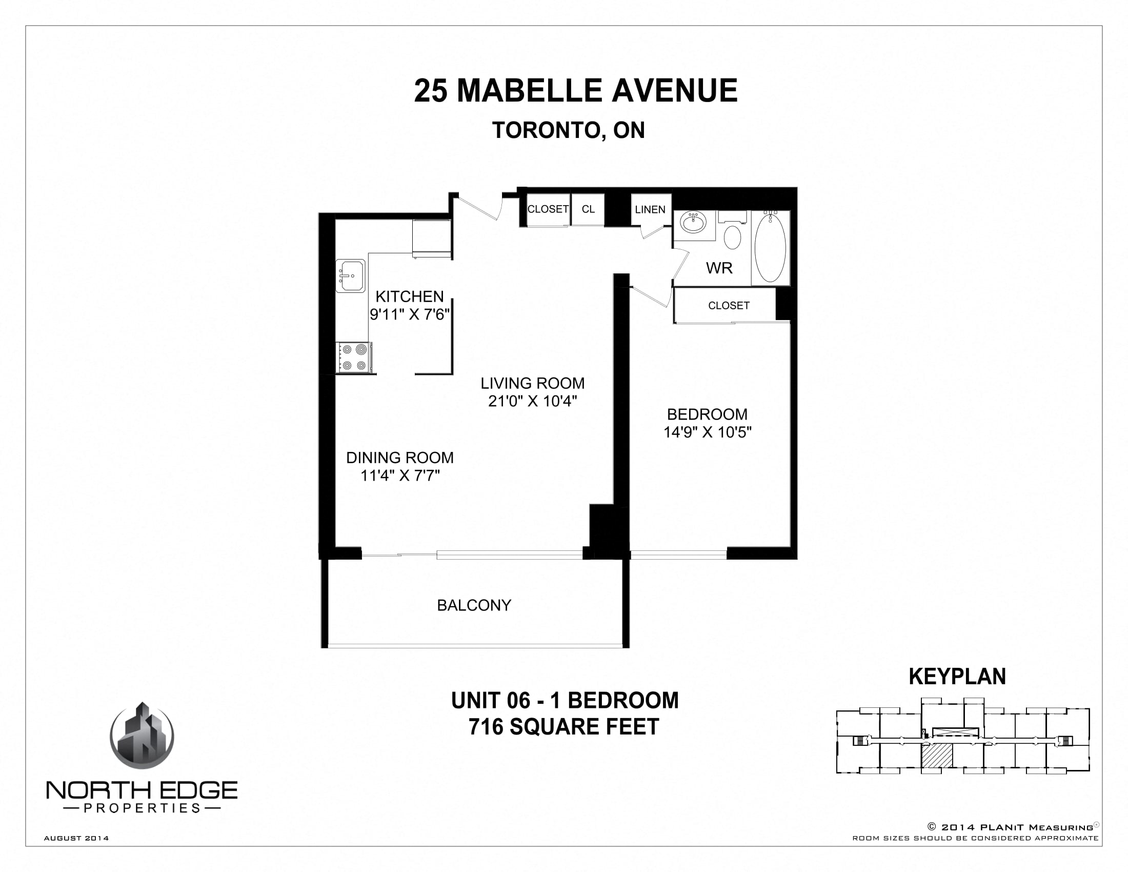 Floor plan for 1 bed, 1 bath, 716 sqft